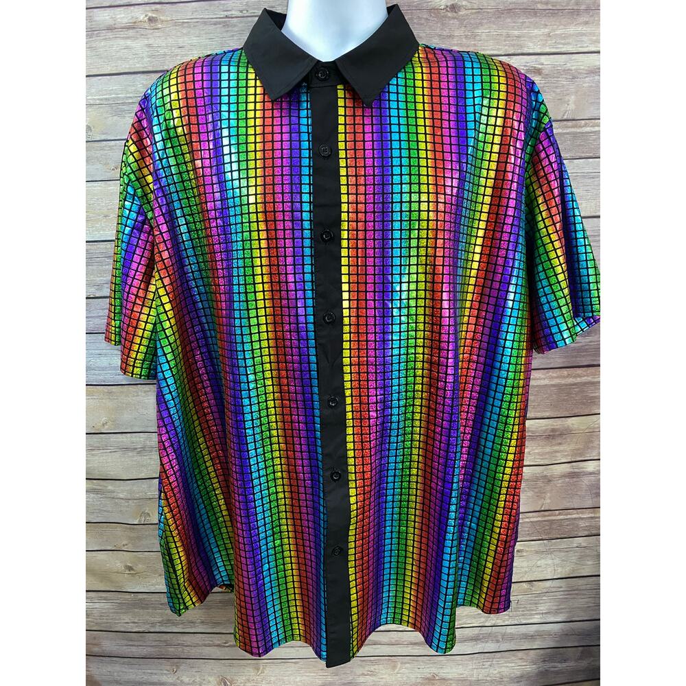 Men's Metalic Disco Rainbow Short Sleeve Button Shirt 2XL  27x30